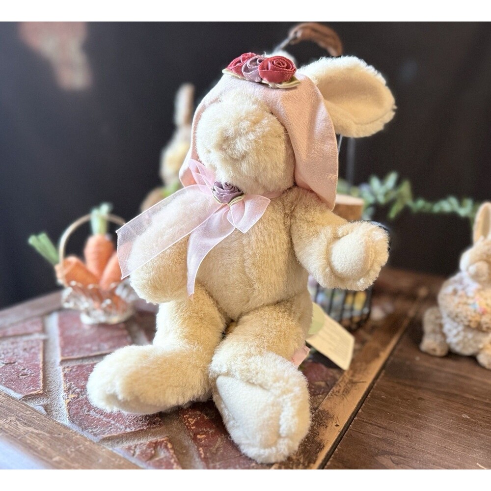 Russ Bonnet Bunny Plush Cream with Pink Bow Floral Headband Small 6-14 in